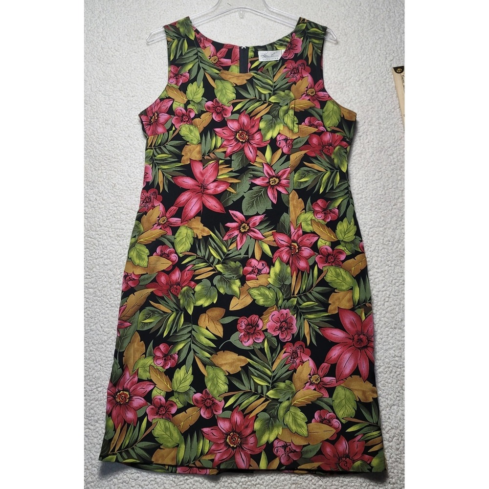 Kathie Lee Collection Tropical Floral Sleeveless Shift Dress Black Red Size 12
